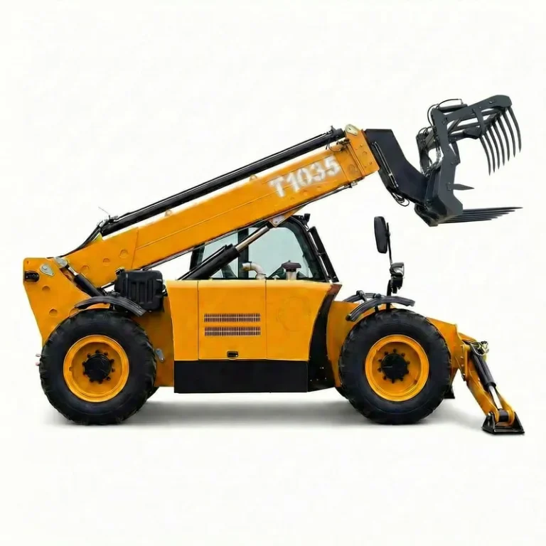 T1035 - Professional shot of a yellow T1035 telehandler with extended boom and manure fork, isolated on white background