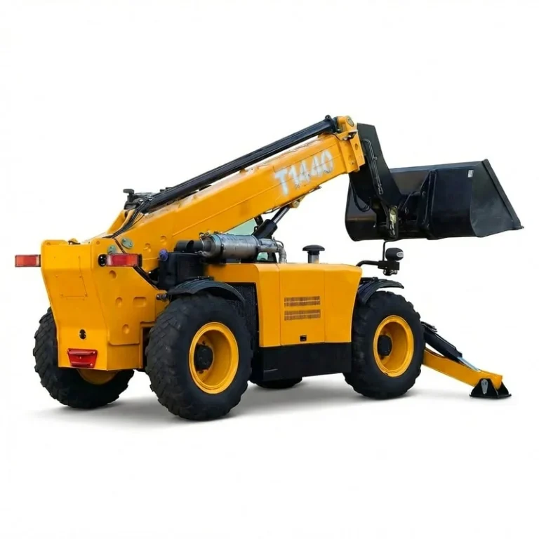 T1440 - Professional shot of T1440 Telehandler with agricultural bucket, isolated on white background, back view