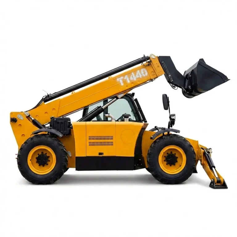 T1440 - Right side view of yellow T1440 telehandler with extended arm and agricultural bucket isolated on white