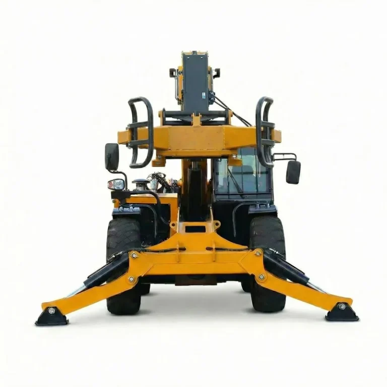 T1440 - Front view of T1440 telehandler with bale clamp and stabilizing arms extended on white background
