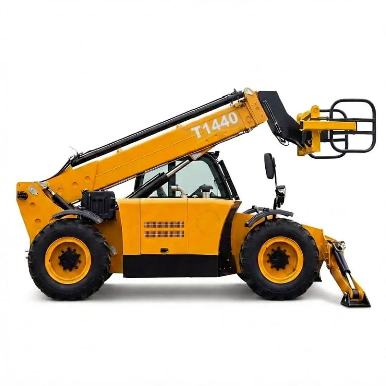 T1440 - Professional shot of yellow T1440 telehandler with extended boom and bale clamp, isolated on white background