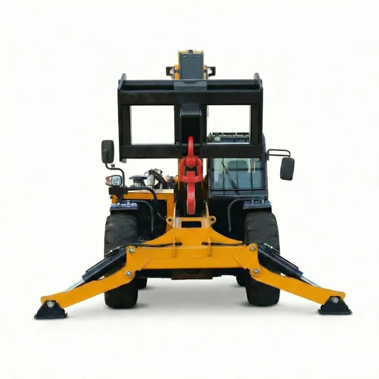 T1440 - Vista frontal do Telehandler T1440 com gancho de lança e estabilizadores estendidos em fundo branco