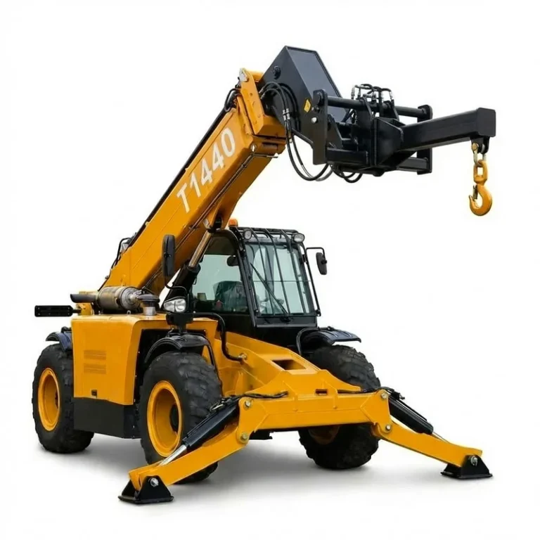 T1440 - Telehandler T1440 com lança estendida e gancho de lança, vista lateral esquerda, isolado em um fundo branco