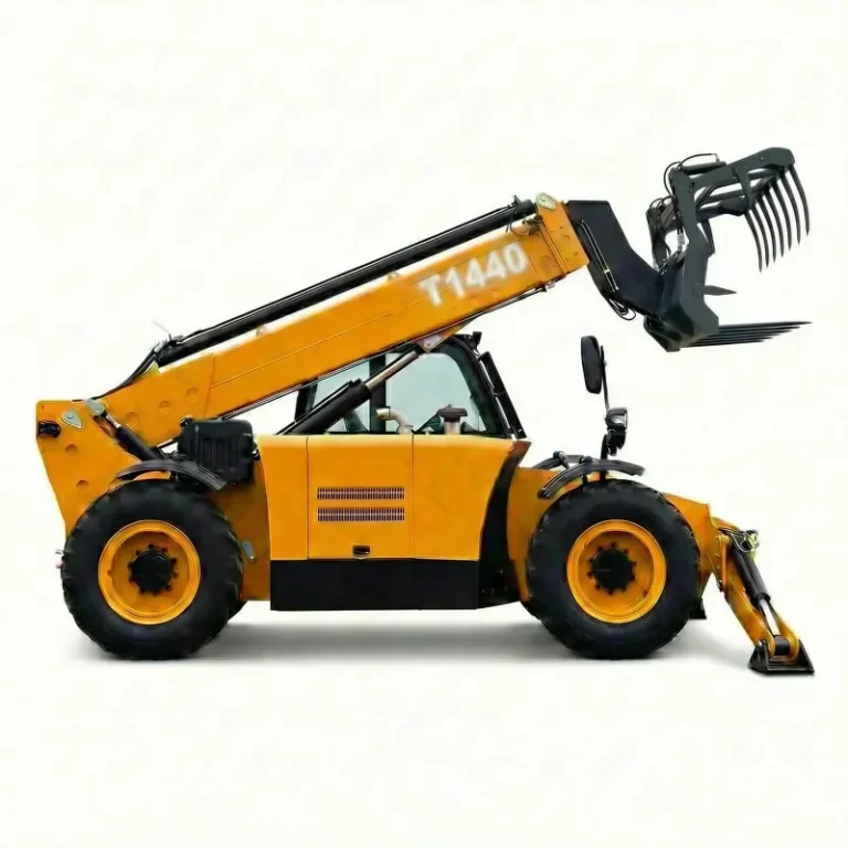 T1440 - Professional shot of yellow T1440 telehandler with manure fork, isolated on white background, right side view