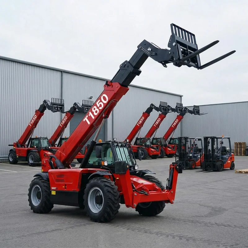 Telehandler fleet ready for rental deployment at equipment yard