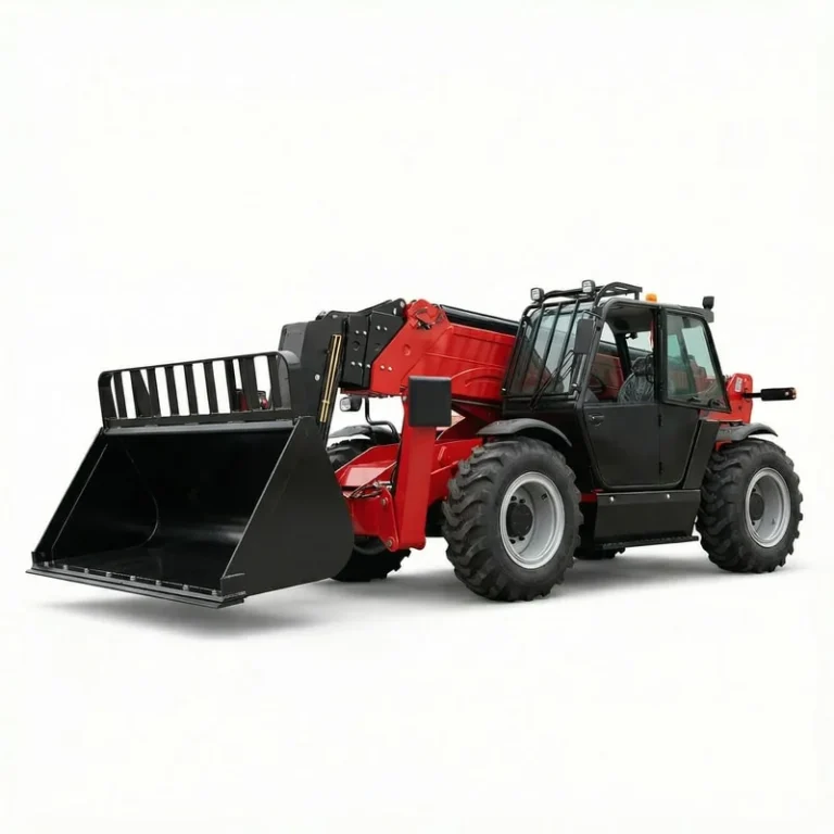 T1850 - Professional shot of T1850 Telehandler with agricultural bucket, left side view, red and black construction vehicle on white background