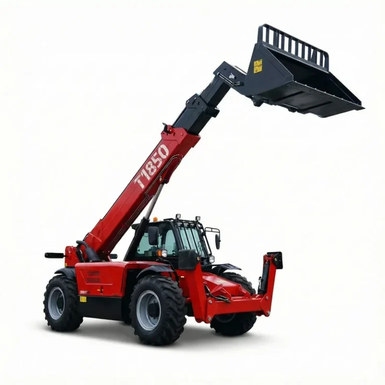 T1850 - Professional shot of a red T1850 telehandler with extended boom and agricultural bucket, isolated view