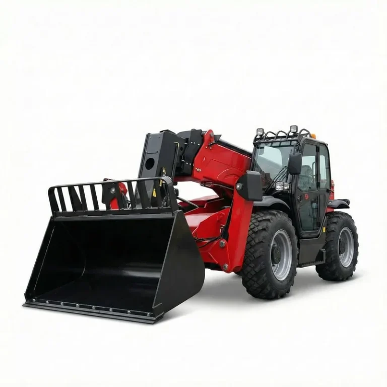 T1850 - Professional shot of T1850 Telehandler in red and black with large agricultural bucket, isolated on white background