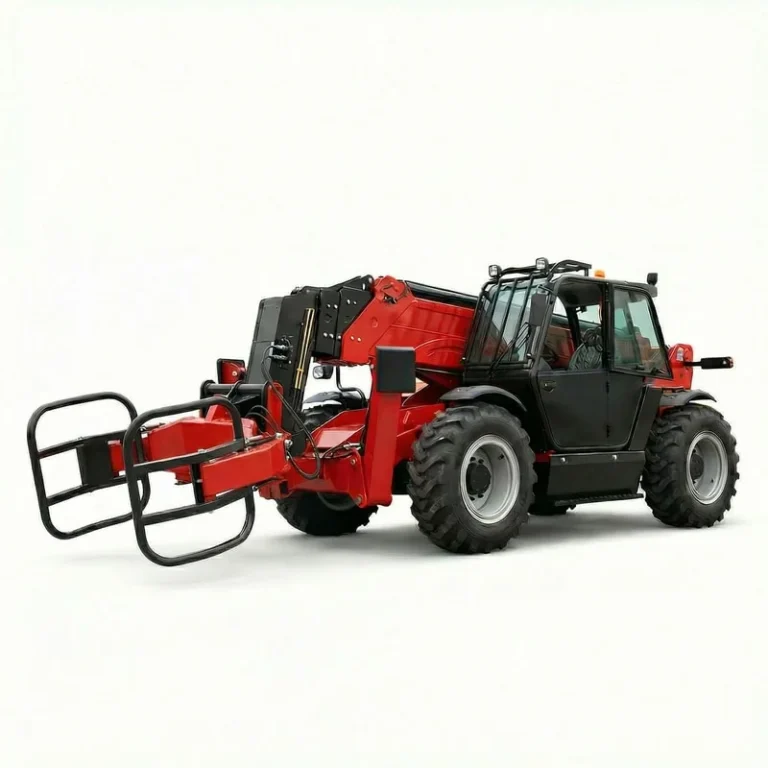 T1850 - Professional shot of T1850 Telehandler with bale clamp in red and black, left side view on white background