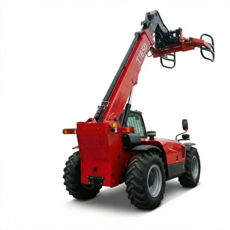 T1850 - Professional studio shot of a red T1850 telehandler with extended boom and bale clamp, isolated on white background