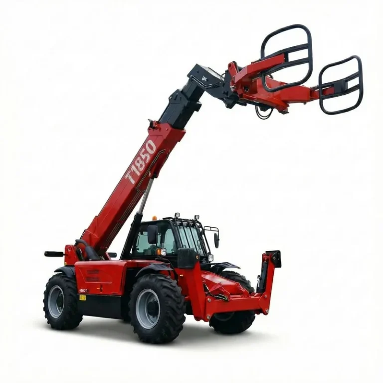 T1850 - Professional studio shot of a red T1850 telehandler with extended boom and bale clamp attachment, right side view