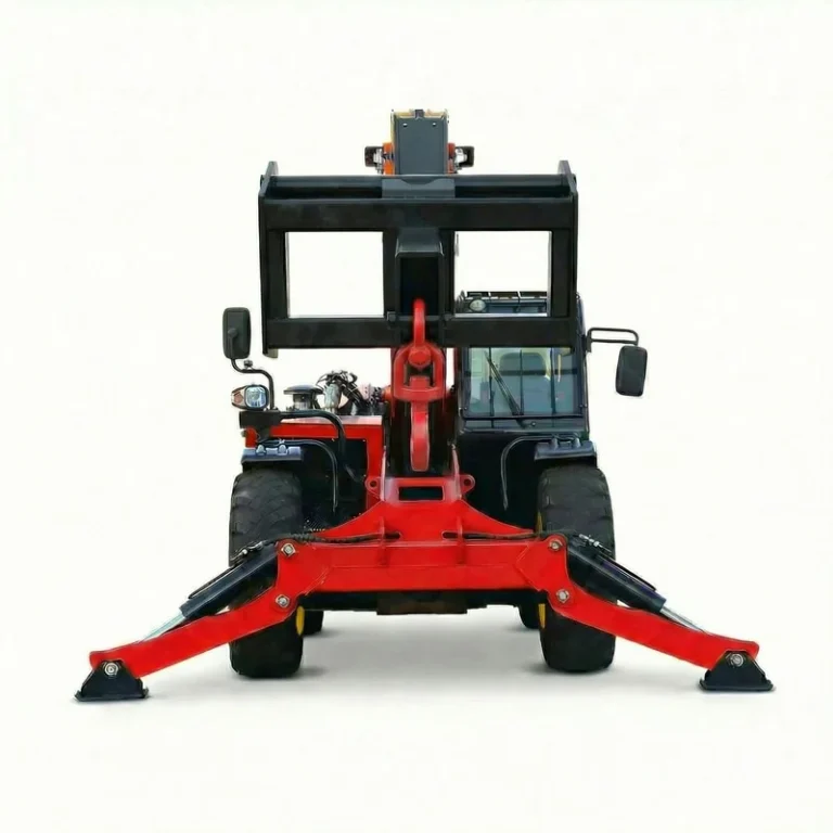 T1850 - Vista frontal do Telehandler T1850 com gancho de lança e estabilizadores, isolado em um fundo branco