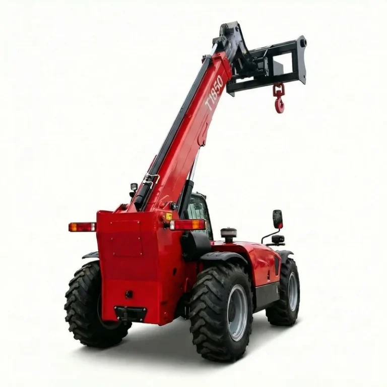 T1850 - Foto profissional do Telehandler T1850 vermelho com gancho de lança, lança estendida, isolado em um fundo branco