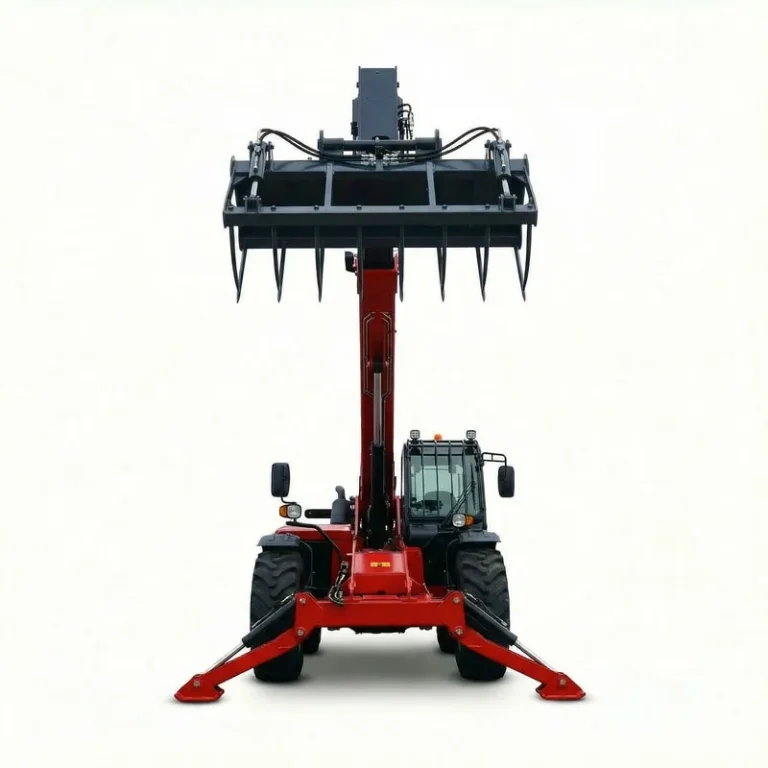 T1850 - T1850 Telehandler with manure fork, extended arm, and claw attachment in isolated front view