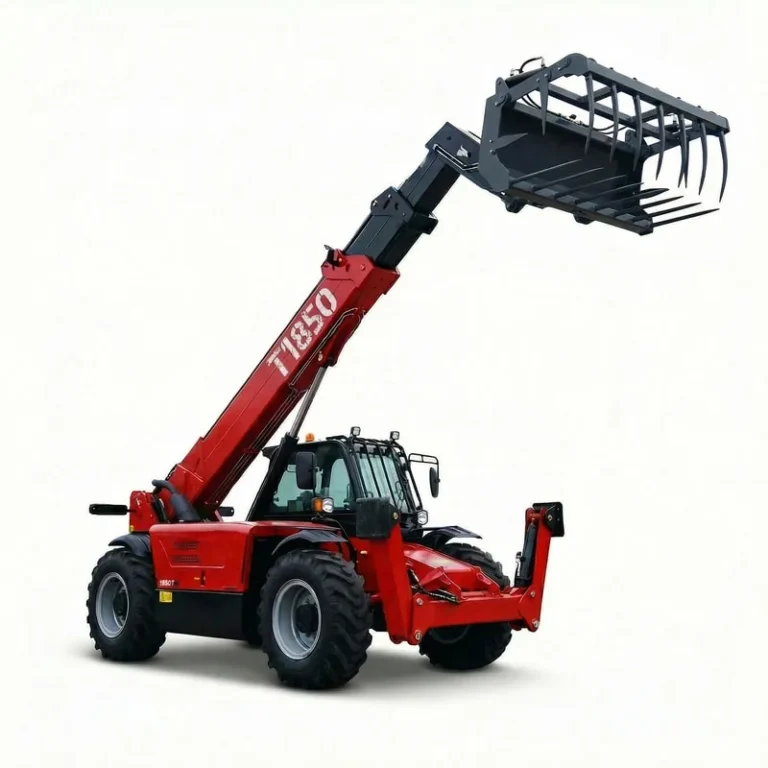 T1850 - Professional shot of a red T1850 telehandler with extended boom and manure fork grapple, isolated on white background