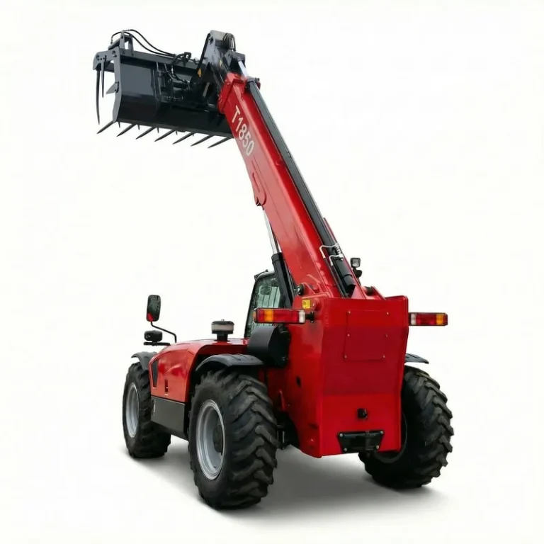T1850 - Professional shot of T1850 telehandler with extended boom and manure fork, isolated on white background