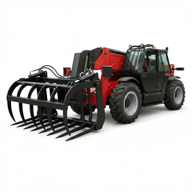 T1850 - Professional studio shot of a red and black T1850 Telehandler with large tires and manure fork attachment, right side view