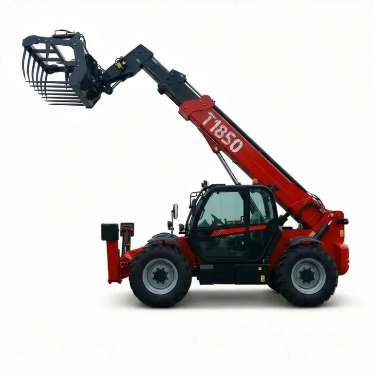 T1850 - Red T1850 telehandler with extended boom and manure fork, right side isolated view