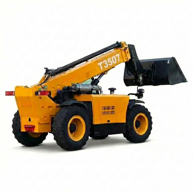 T3507 - Professional shot of a yellow T3507 telehandler with bucket attachment, back view, isolated on white background