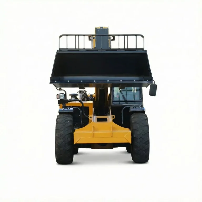 T3507 - Front view of T3507 Telehandler with agricultural bucket, yellow construction loader, isolated on white background