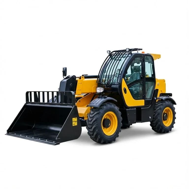 T3507 - Professional shot of yellow and black T3507 Telehandler with agricultural bucket, isolated left side view
