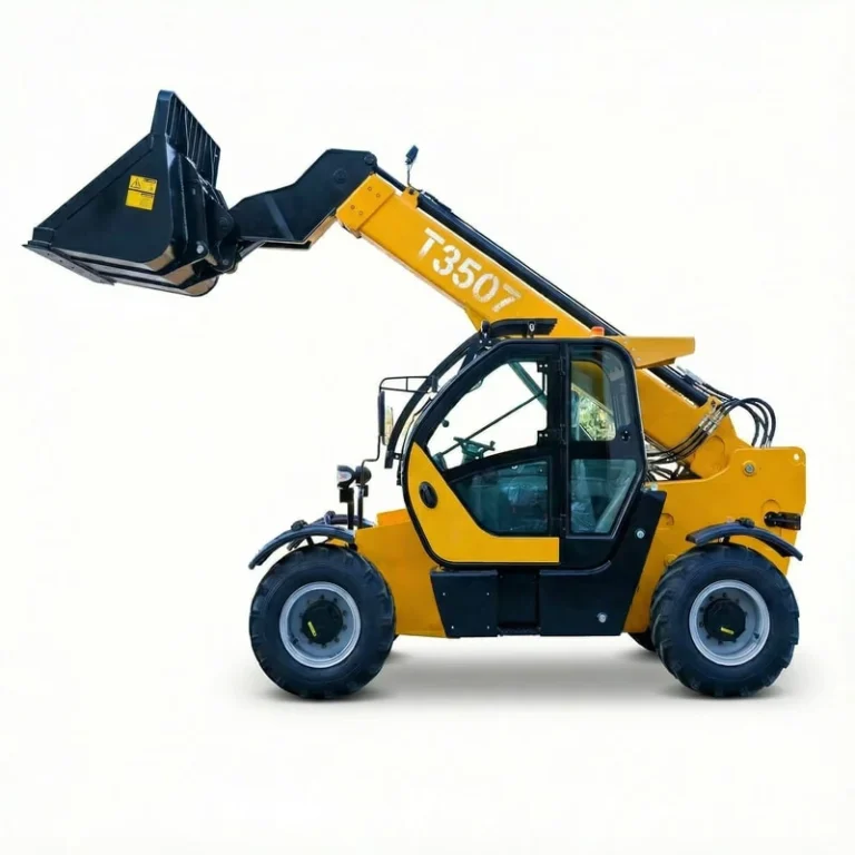 T3507 - T3507 telehandler yellow with extended boom and agricultural bucket, right side isolated view