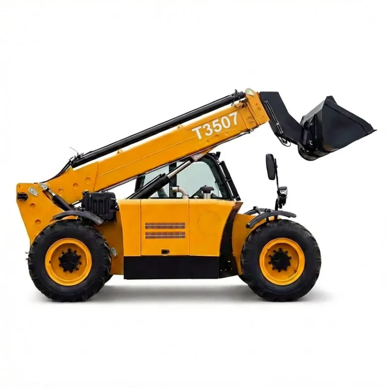 T3507 - Professional shot of yellow T3507 Telehandler with extended boom and agricultural bucket on white background