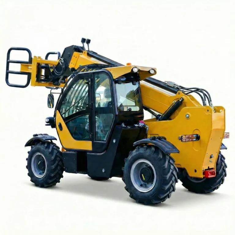 T3507 - Professional shot of a yellow T3507 Telehandler with bale clamp, telescopic arm, and large tires, isolated on white background