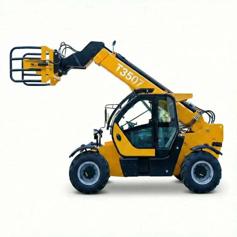 T3507 - Professional shot of a yellow T3507 telehandler with bale clamp, extended boom, and cab, isolated on white background
