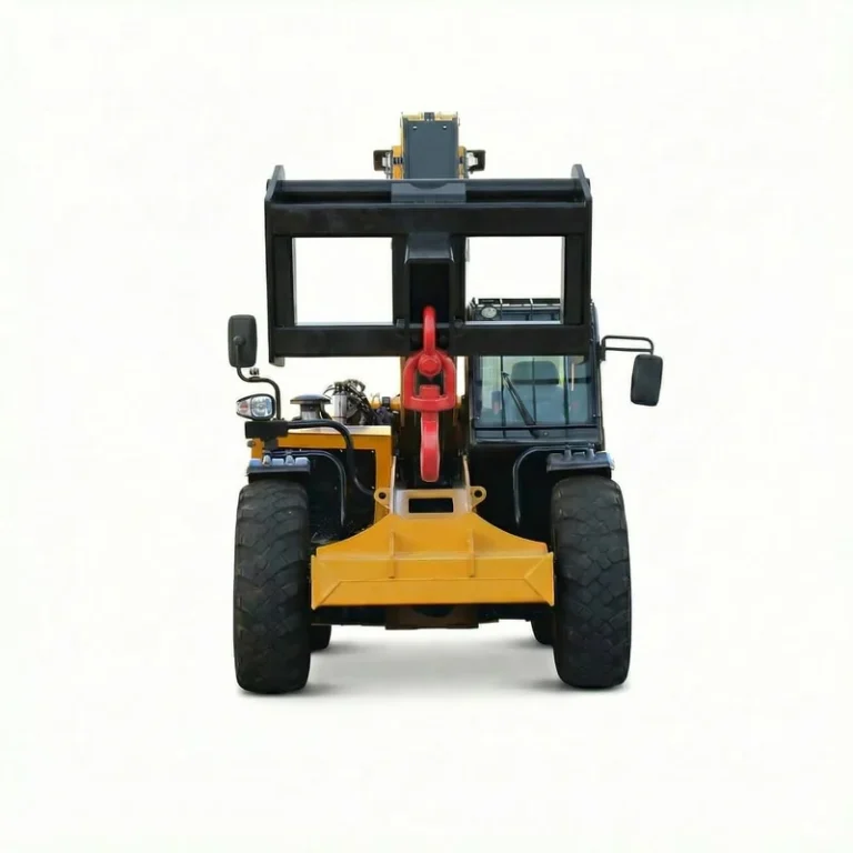 T3507 - Vista frontal do Telehandler T3507 com gancho de lança, isolado em um fundo branco, mostrando características detalhadas de construção.