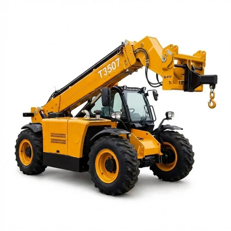 T3507 - Foto profissional de um Telehandler T3507 amarelo com gancho de lança, pneus grandes e braço extensível, isolado em branco