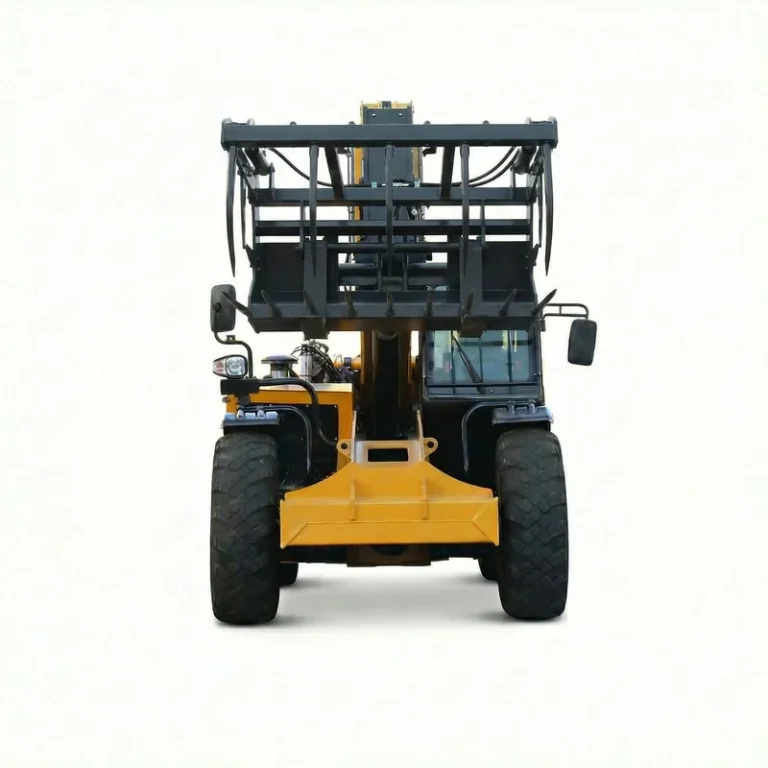 T3507 - Front view of T3507 Telehandler with manure fork, yellow industrial forklift isolated on white background