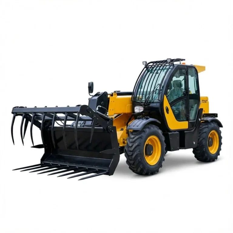 T3507 - Professional studio shot of a yellow and black T3507 telehandler with manure fork attachment, isolated on white background
