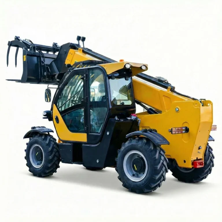 T3507 - Professional studio shot of a yellow T3507 Telehandler with manure fork, large tires, and extendable arm isolated on white background