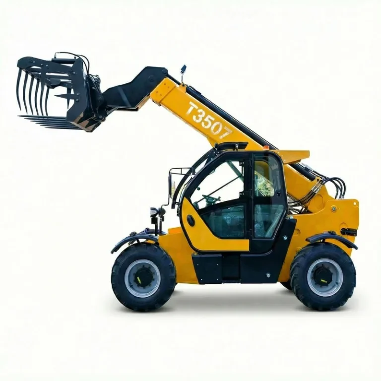 T3507 - Professional product shot of T3507 telehandler with extended boom and manure fork, right side view