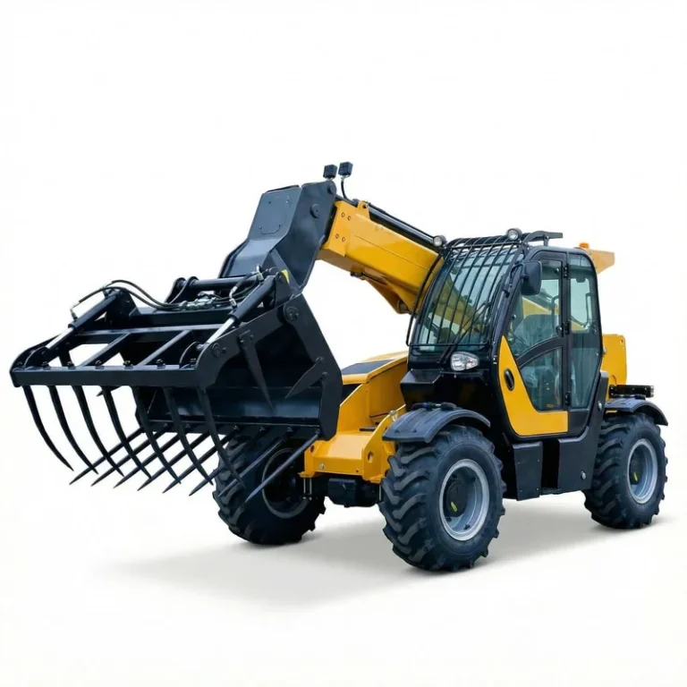 T3507 - Professional shot of a yellow and black T3507 telehandler with manure fork, right side view, isolated on white