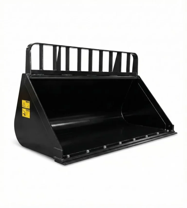 Black metal telehandler agricultural bucket with safety labels, professional studio shot on white background