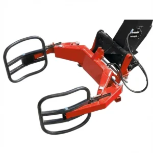 Red hydraulic grapple attachment for telehandler, isolated on white background