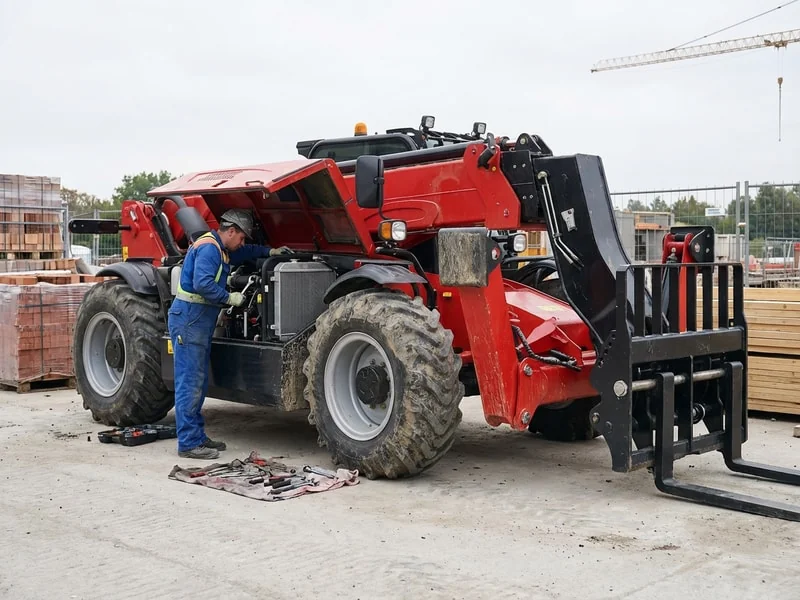 Telehandler open service panel for easy maintenance