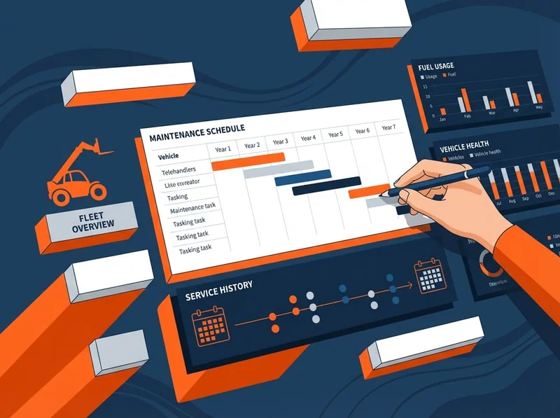 Digital fleet management dashboard showing telehandler preventive maintenance schedule and service history