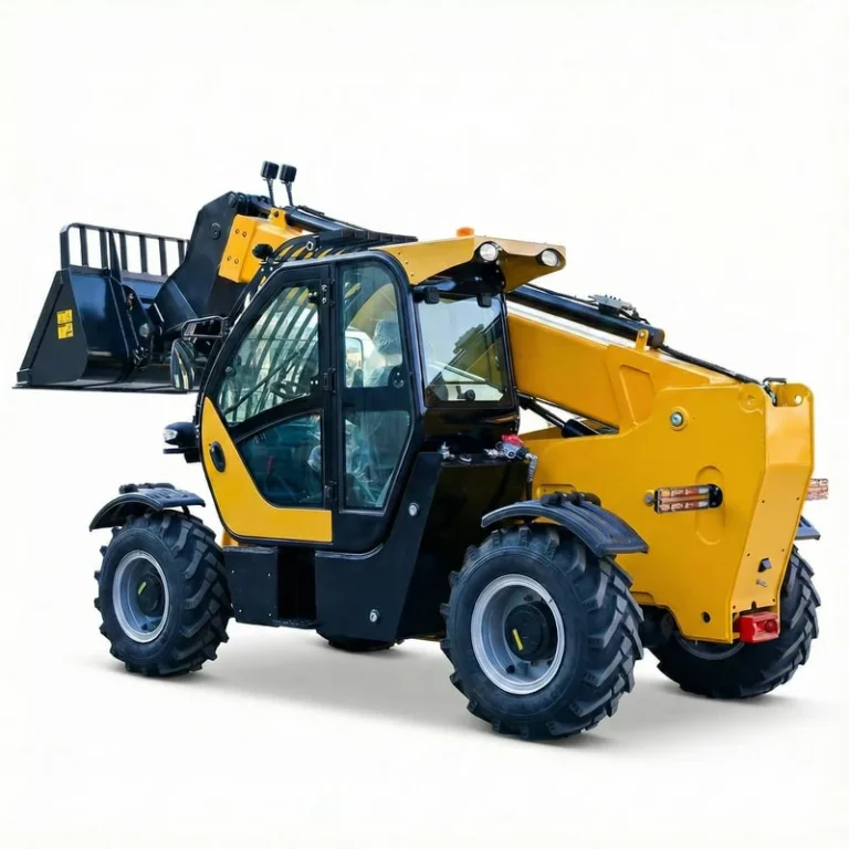T3507 - Yellow and black telehandler with agricultural bucket, large tires, isolated left side view