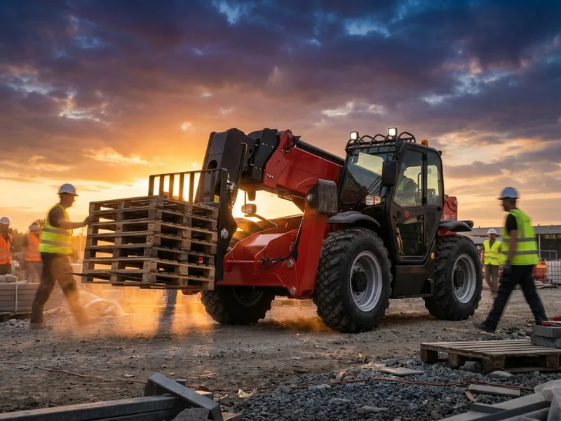 Telehandler operating on active rental job site