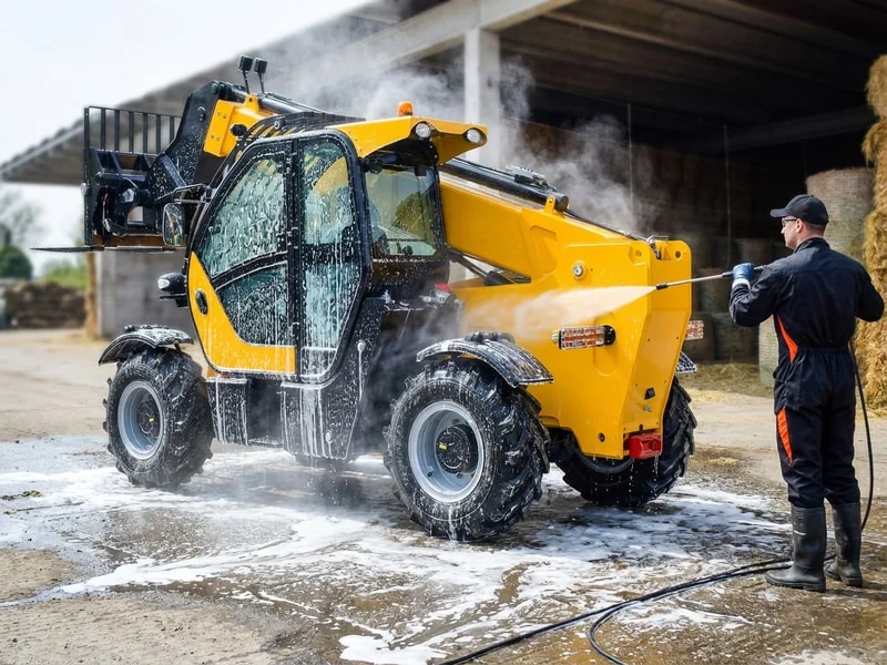 Technician performing weekly cleaning and lubrication on a telehandler boom pivot point