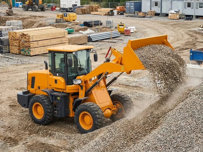Wheel loader loading gravel on construction site