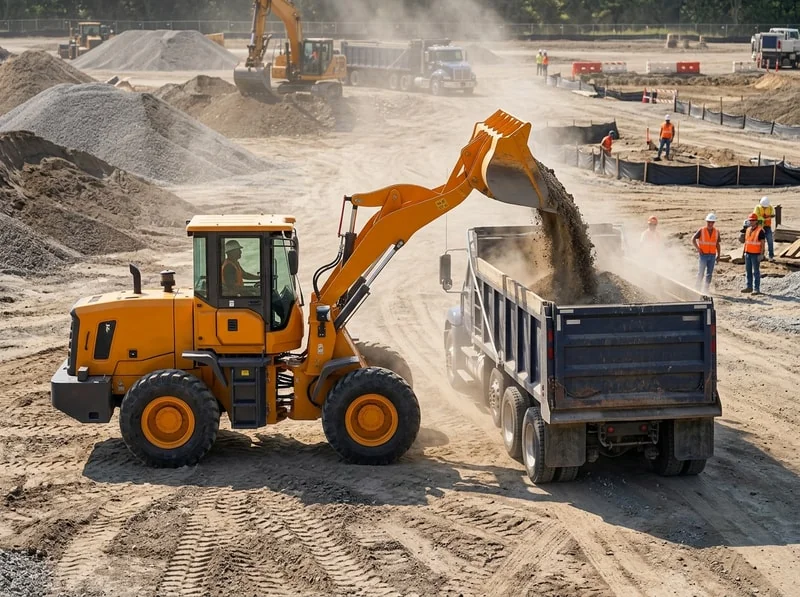 Construction equipment working on large site