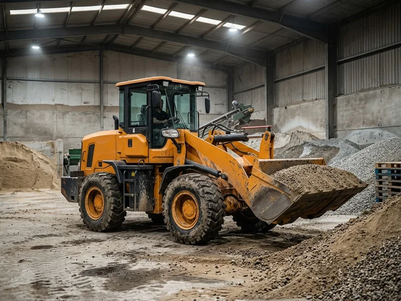 Wheel loader managing bulk materials in industrial site