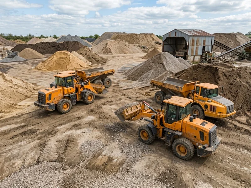 Equipment rental yard with heavy machinery